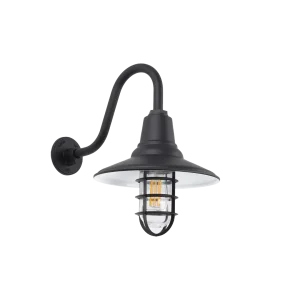 A black gooseneck wall light with a caged bulb is shown against a black background