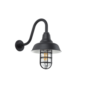 A black gooseneck wall light with a caged glass shade is shown against a black background