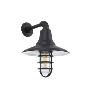 Black Shallow Bowl Caged Wall Light on Straight Industrial Arm.