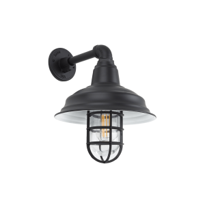 Modern styled black caged wall light on Straight Industrial Arm