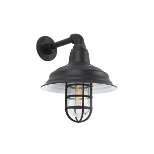 Modern styled black caged wall light on Straight Industrial Arm