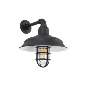 Modern styled black caged wall light on Straight Industrial Arm with IP55 Rated Light protector