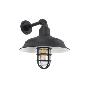 Modern styled black caged wall light on Straight Industrial Arm with IP55 Rated Light protector
