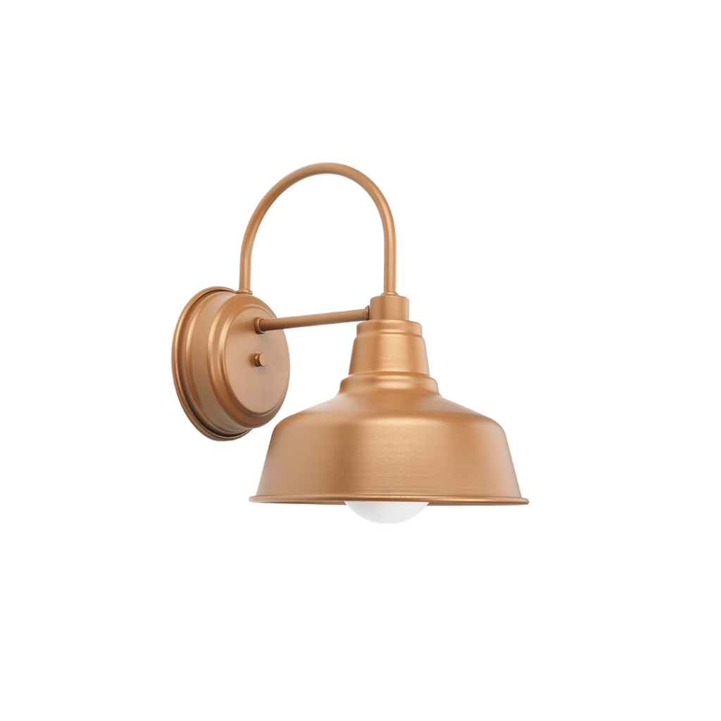 A bronze gooseneck wall light with a barn-style shade is shown against a black background
