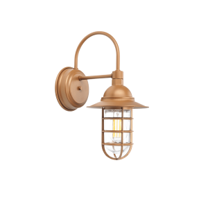 A bronze-coloured outdoor wall light with a caged glass shade