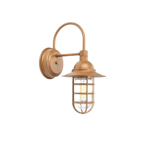 A bronze-coloured outdoor wall light with a caged glass shade