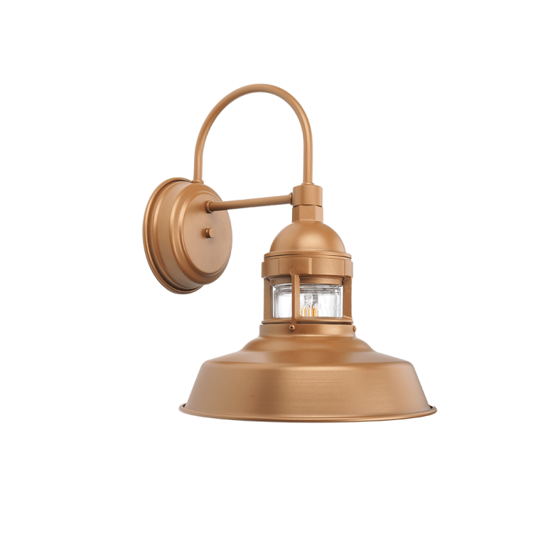 A bronze gooseneck wall light with a clear glass shade is shown against a black background