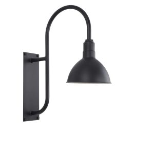A black gooseneck wall light with a dome-shaped shade is shown against a white background