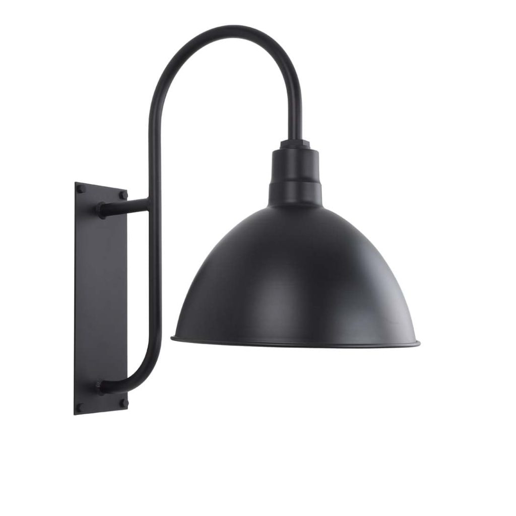 A black gooseneck wall light with a dome-shaped shade is shown against a white background