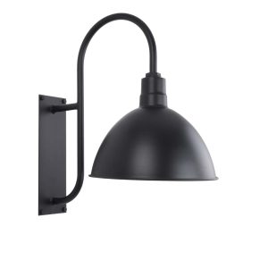 A black gooseneck wall light with a dome-shaped shade is shown against a white background