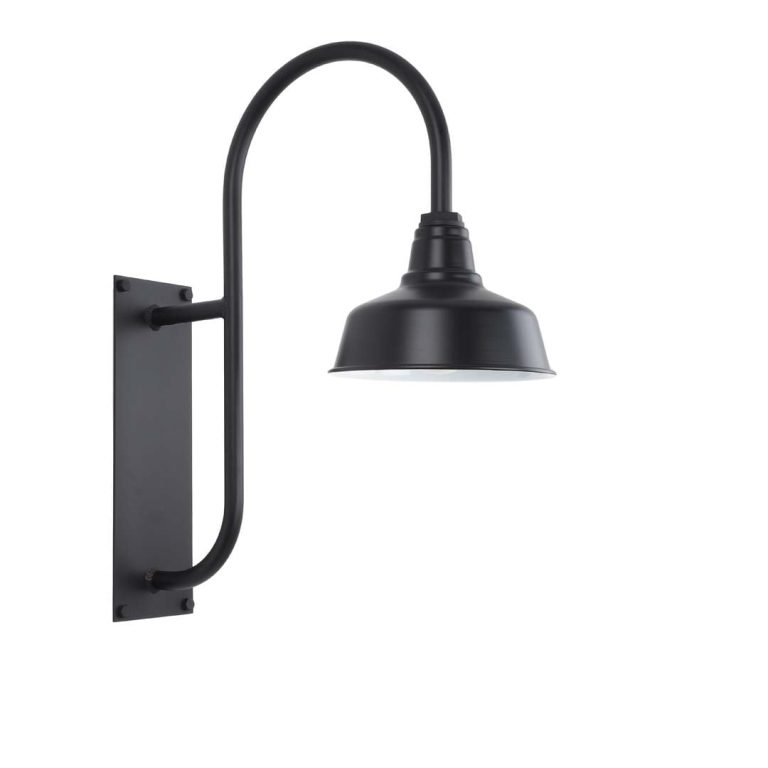 A black gooseneck wall light with a barn-style shade is shown against a white background