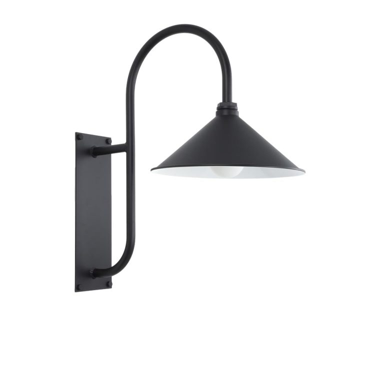 A black gooseneck wall light with a conical shade is mounted on a white background