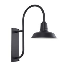 A black gooseneck wall light with a white interior shade is mounted on a white background