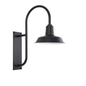 A black gooseneck wall light with a white interior shade is mounted on a white background