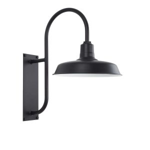A black gooseneck wall light with a wide, downward-facing shade is shown against a white background