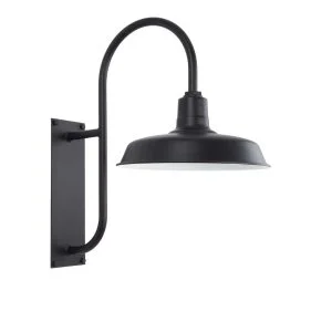 A black gooseneck wall light with a wide, downward-facing shade is shown against a white background