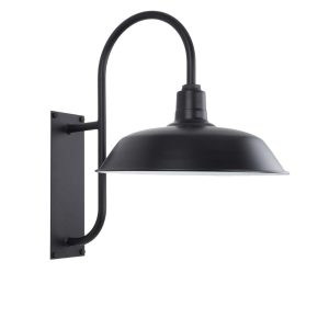 A black gooseneck wall light with a barn-style shade is shown against a white background