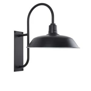 A black gooseneck wall light with a barn-style shade is shown against a white background