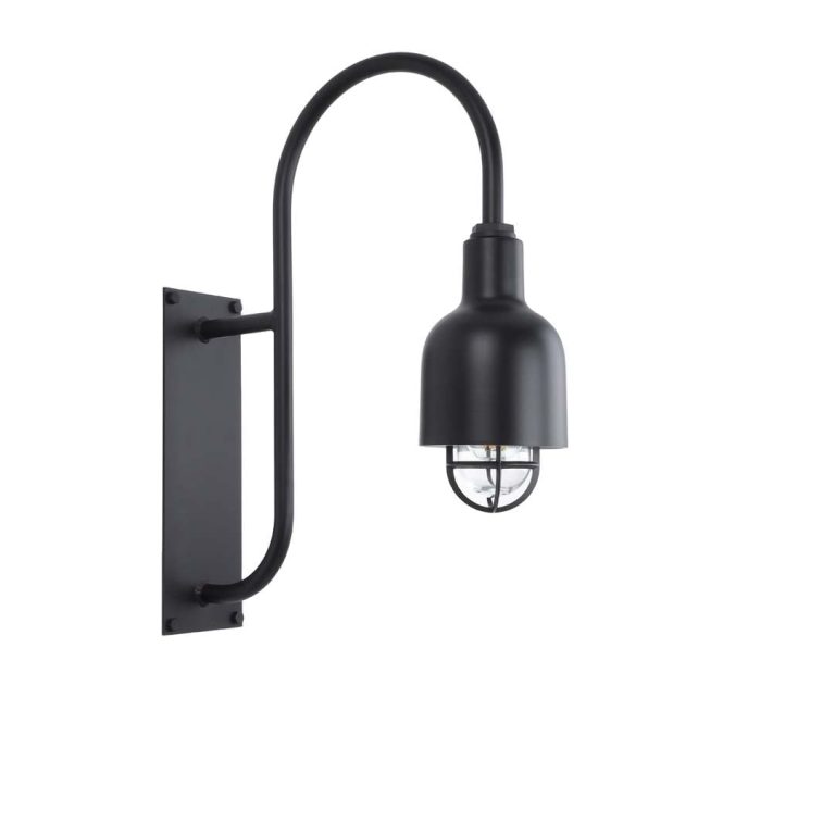 A black gooseneck wall light with a caged bulb is shown against a white background