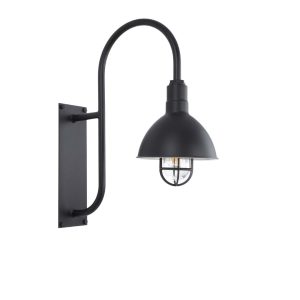 A black gooseneck wall light with a caged glass shade is shown against a white background