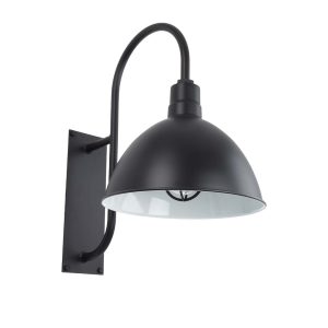 A black gooseneck wall light with a white interior dome shade is shown against a white background