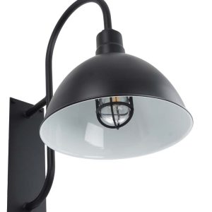A black gooseneck wall light with a white interior shade and a protective cage around the bulb is shown against a white background