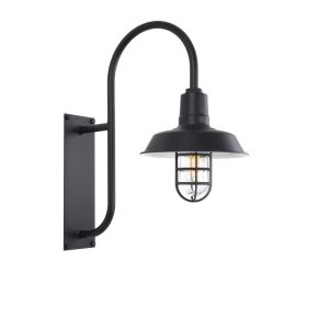 A black gooseneck wall light with a caged design is shown against a white background