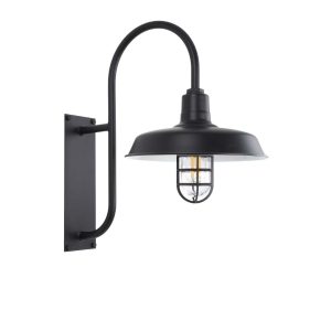 A black gooseneck wall light with a caged bulb is shown against a white background