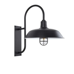 A black gooseneck wall light with a caged bulb is shown against a white background