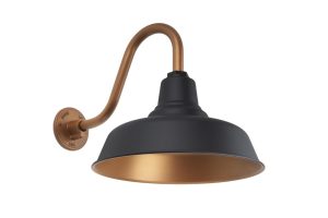 A black and copper gooseneck wall light is shown against a white background