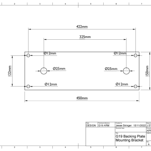 This is a technical drawing of the G19 Backing Plate Mounting Bracket, detailing its dimensions and hole placements