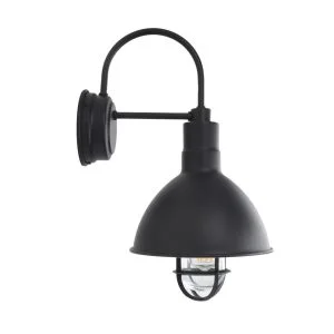 A black gooseneck wall light with a clear glass shade is shown against a white background