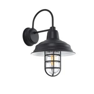 A black gooseneck wall light with a caged glass shade is shown against a white background