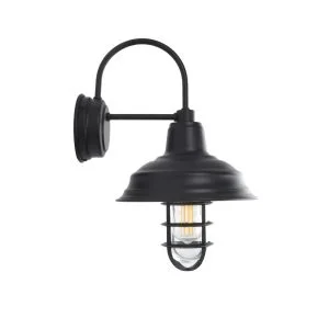 A black industrial-style wall light with a gooseneck arm and a caged bulb