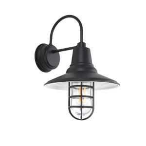 A black outdoor wall light with a gooseneck arm and a caged glass shade