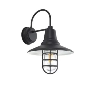 A black outdoor wall light with a gooseneck arm and a caged glass shade