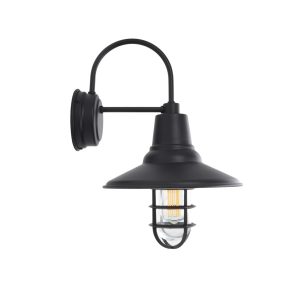 A black industrial-style wall light with a gooseneck arm and a caged bulb