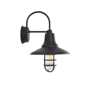 A black industrial-style wall light with a gooseneck arm and a caged bulb
