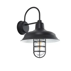 A black gooseneck wall light with a caged glass shade is shown against a white background