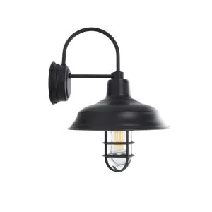 A black barn-style wall light with a clear glass shade and metal cage is shown against a white background