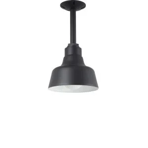A black gooseneck pendant light with a white interior hangs from a ceiling mount