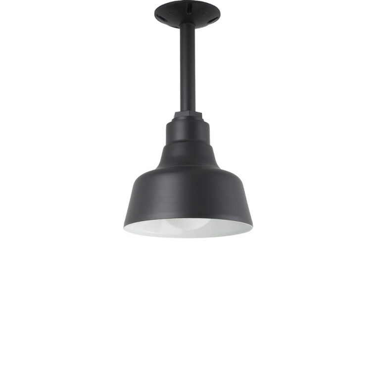 A black gooseneck pendant light with a white interior hangs from a ceiling mount