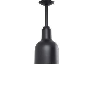 A matte black pendant light hangs from a ceiling mount