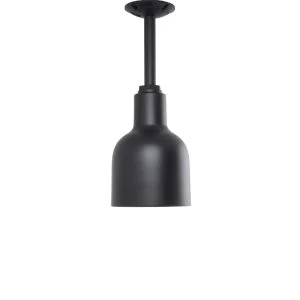 A matte black pendant light hangs from a ceiling mount