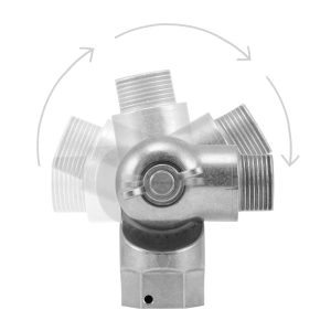 A silver metal joint with threaded ends is shown with ghosted images indicating its range of motion