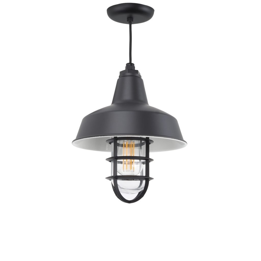 Austin Caged Cord Pendant in Black. Clear Glass & Standard Die-Casted Cast Guard.