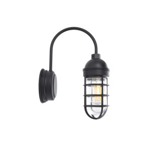 A black gooseneck wall light with a caged glass shade is shown against a white background