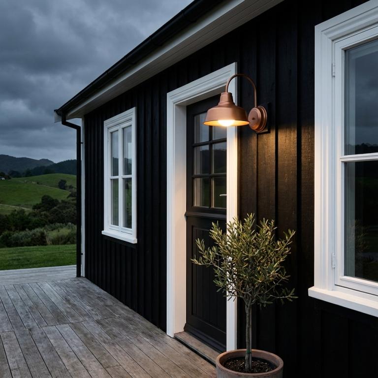 A copper gooseneck wall light illuminates the entrance of a dark-clad home with a wooden deck