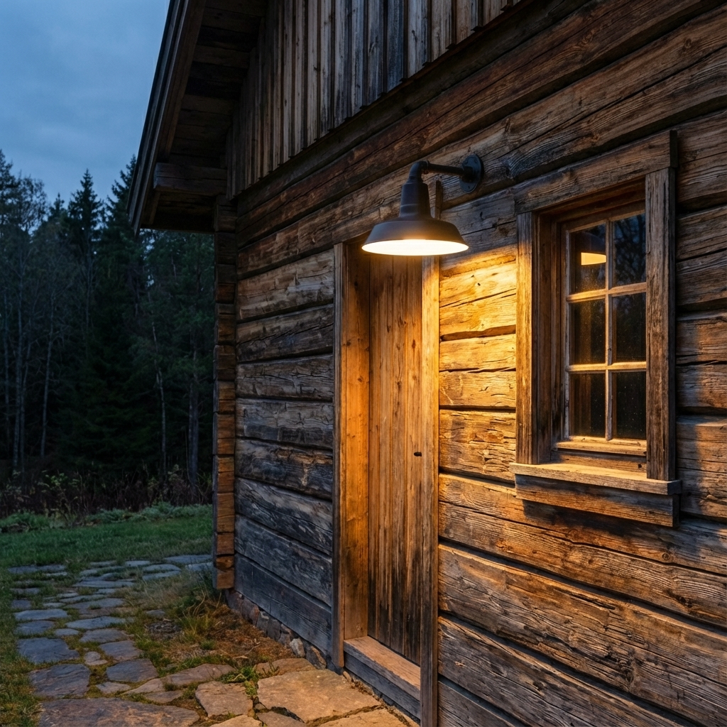 Rustic cabin with warm exterior barn lighting