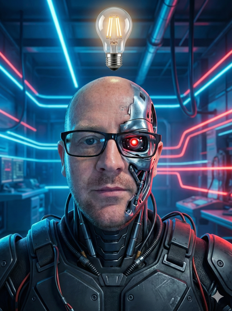 A cyborg with a lightbulb above his head stands in a futuristic room with neon lights
